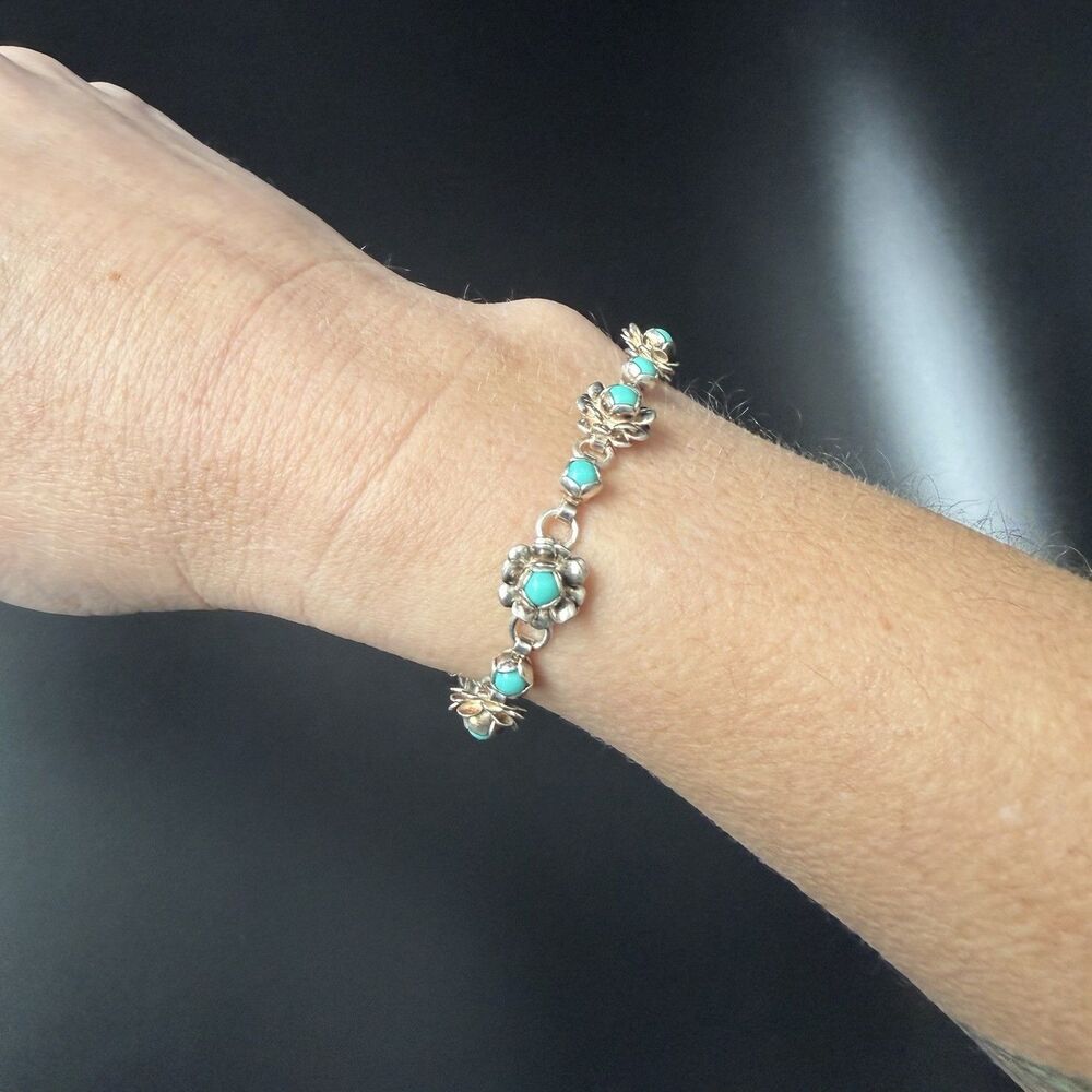 VINTAGE 50s TAXCO MEXICO STERLING SILVER TURQUOISE BLOSSOM FLOWER BRACELET 6.5” - Picture 8 of 16